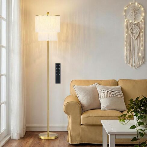 Dimmable Boho Tassel Floor Lamp with Remote Control for Living Room, 63" Tall Fringe Standing Bedroom Lamp with 3 Color Temperature Adjustment, Modern Stand Up Corner Lamp with Tassel Lampshade in Saudi Arabia