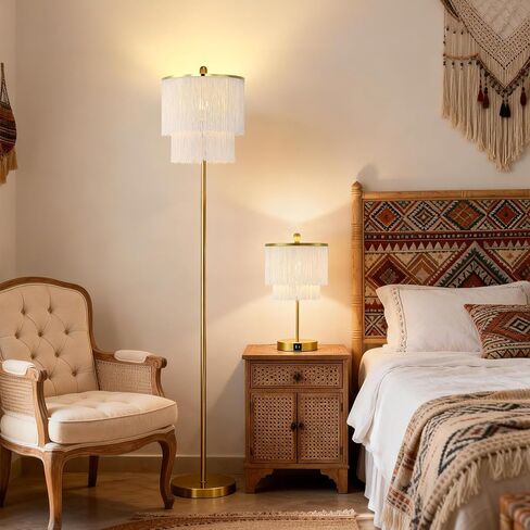 Dimmable Boho Tassel Floor Lamp with Remote Control for Living Room, 63" Tall Fringe Standing Bedroom Lamp with 3 Color Temperature Adjustment, Modern Stand Up Corner Lamp with Tassel Lampshade in Saudi Arabia