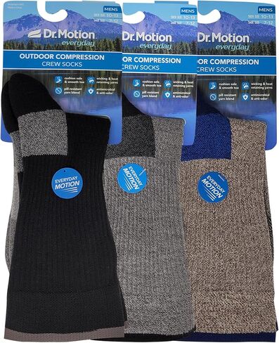 Dr. Motion Compression Crew Socks For Men Outdoor Hiking Walking With Enhanced Cushion And Breathable Arch Support 3 Pairs in Kuwait