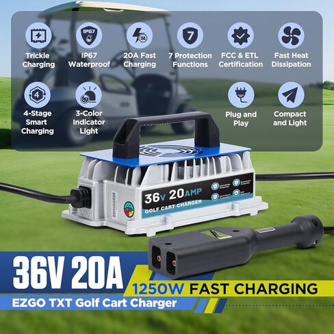 20 AMP 36 Volt Golf Cart Charger for EZGO TXT, IP67 Waterproof & Trickle Charge, 1250W Fast 36 Volt EZGO Golf Cart Battery Charger Full Auto Charge with D-Style Plug, 16FT Cable, for Lead-Acid Battery in Kuwait