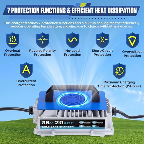 20 AMP 36 Volt Golf Cart Charger for EZGO TXT, IP67 Waterproof & Trickle Charge, 1250W Fast 36 Volt EZGO Golf Cart Battery Charger Full Auto Charge with D-Style Plug, 16FT Cable, for Lead-Acid Battery in Kuwait