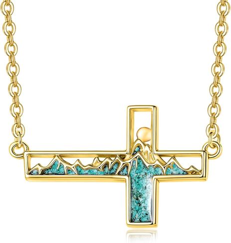 14K Gold Mustard Seed Sideways Cross Necklace for Women Turquoise Mountain Sun Pendant Christian Faith Jewelry First Communion Baptism Confirmation Gifts for Hikers, Climbers and Nature Lovers in Saudi Arabia