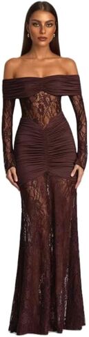 Women's Off Shoulder Maxi Lace Prom Dress Elegant Long Sleeve Ruched Formal Cocktail Party Maxi Everning Dress in Kuwait