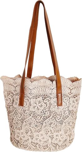 Women Flower Embroidery Tote Frosted Silk Straw Bag Summer Seaside Travel Vacation Beach Bag Shoulder Retro Lace Handbag (Brown-1) in Kuwait
