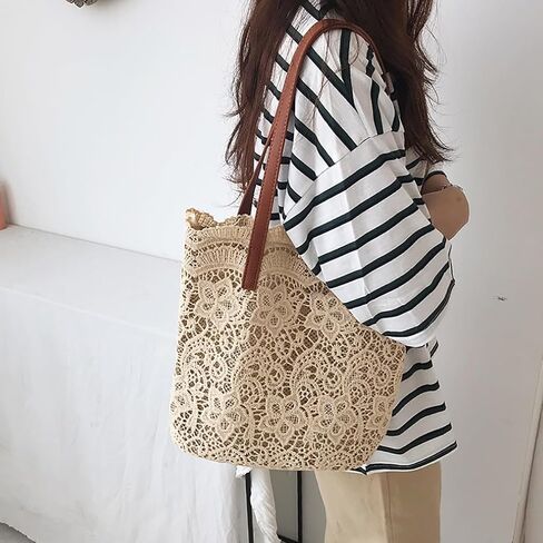 Women Flower Embroidery Tote Frosted Silk Straw Bag Summer Seaside Travel Vacation Beach Bag Shoulder Retro Lace Handbag (Brown-1) in Kuwait