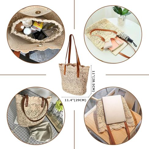 Women Flower Embroidery Tote Frosted Silk Straw Bag Summer Seaside Travel Vacation Beach Bag Shoulder Retro Lace Handbag (Brown-1) in Kuwait