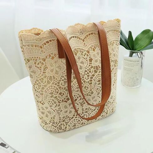 Women Flower Embroidery Tote Frosted Silk Straw Bag Summer Seaside Travel Vacation Beach Bag Shoulder Retro Lace Handbag (Brown-1) in Kuwait