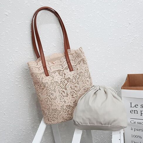 Women Flower Embroidery Tote Frosted Silk Straw Bag Summer Seaside Travel Vacation Beach Bag Shoulder Retro Lace Handbag (Brown-1) in Kuwait