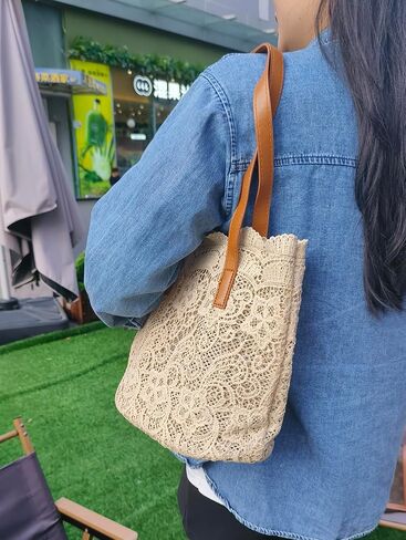 Women Flower Embroidery Tote Frosted Silk Straw Bag Summer Seaside Travel Vacation Beach Bag Shoulder Retro Lace Handbag (Brown-1) in Kuwait