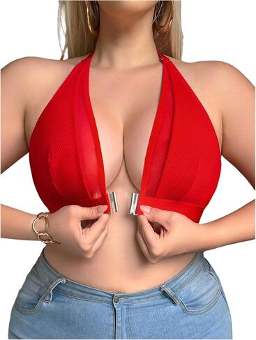 SOLY HUX Plus Size Bras for Women Front Closure Contrast Mesh Halter Wireless Bra Comfort Everyday Bralette in Saudi Arabia