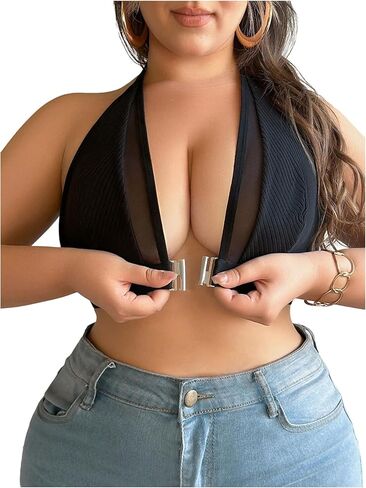 SOLY HUX Plus Size Bras for Women Front Closure Contrast Mesh Halter Wireless Bra Comfort Everyday Bralette in Saudi Arabia