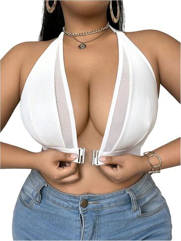 SOLY HUX Plus Size Bras for Women Front Closure Contrast Mesh Halter Wireless Bra Comfort Everyday Bralette in Saudi Arabia
