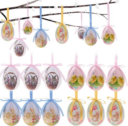 12 Pcs Easter Eggs Tree Ornaments Hanging Eggs Hand Painted Colorful for Party Favors Decor Basket DIY Crafts Table Shelf Decoration in Kuwait