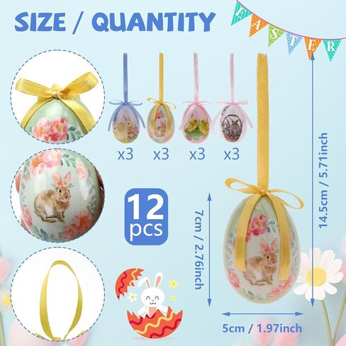 12 Pcs Easter Eggs Tree Ornaments Hanging Eggs Hand Painted Colorful for Party Favors Decor Basket DIY Crafts Table Shelf Decoration in Kuwait