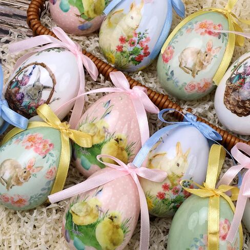12 Pcs Easter Eggs Tree Ornaments Hanging Eggs Hand Painted Colorful for Party Favors Decor Basket DIY Crafts Table Shelf Decoration in Kuwait