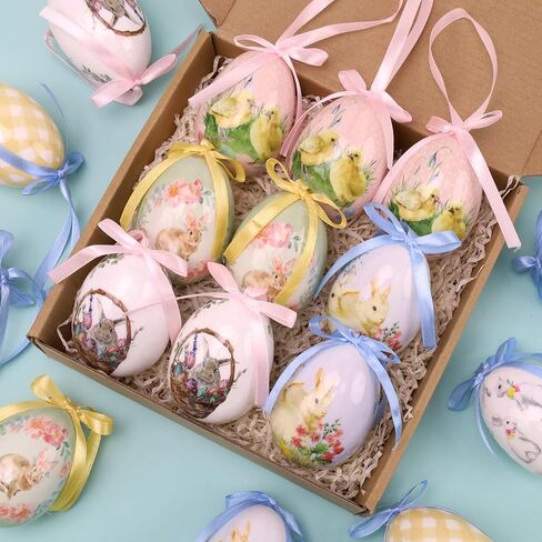 12 Pcs Easter Eggs Tree Ornaments Hanging Eggs Hand Painted Colorful for Party Favors Decor Basket DIY Crafts Table Shelf Decoration in Saudi Arabia