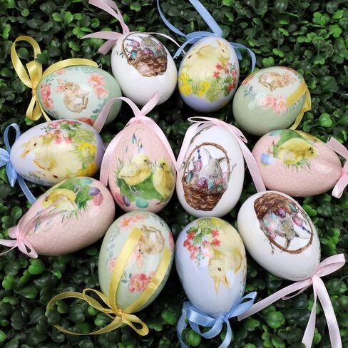 12 Pcs Easter Eggs Tree Ornaments Hanging Eggs Hand Painted Colorful for Party Favors Decor Basket DIY Crafts Table Shelf Decoration in Kuwait