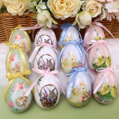 12 Pcs Easter Eggs Tree Ornaments Hanging Eggs Hand Painted Colorful for Party Favors Decor Basket DIY Crafts Table Shelf Decoration in Kuwait