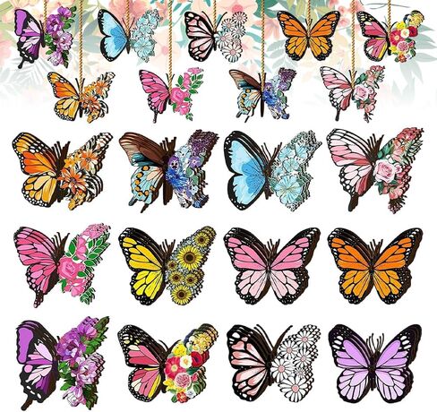 36Pcs Butterfly Ornaments for Tree Hanging Butterflies Wooden Decorations with String for Farmhouse Hanging Tree Summer Party Favors Supplies Birthday Home Decoration in Kuwait