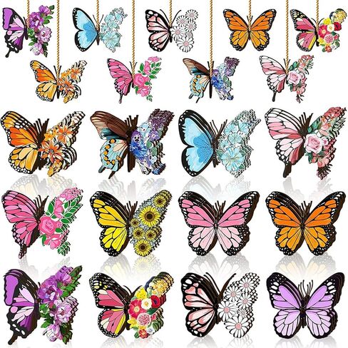 36Pcs Butterfly Ornaments for Tree Hanging Butterflies Wooden Decorations with String for Farmhouse Hanging Tree Summer Party Favors Supplies Birthday Home Decoration in Kuwait