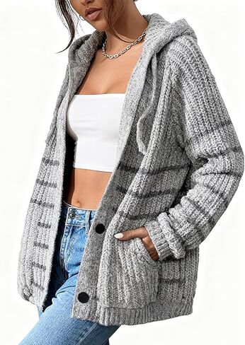 Women's Knitted Cardigan Sweater Button Down Hooded Sweaters V Neck Long Sleeve Hoodies for Fall Winter in Saudi Arabia