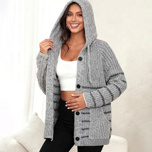 Women's Knitted Cardigan Sweater Button Down Hooded Sweaters V Neck Long Sleeve Hoodies for Fall Winter in Saudi Arabia