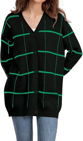 chouyatou Women's Vintage Plaid Button Down Cardigans Color Block V Neck Knit Cardigan Sweater Jacket Coat in Saudi Arabia
