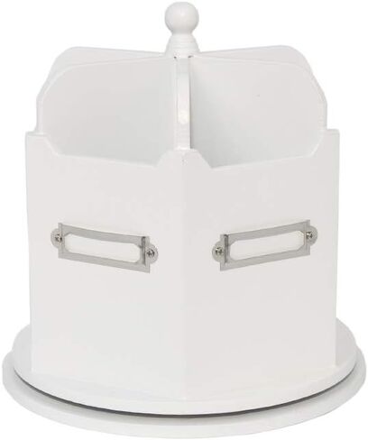 Spinning Desktop Stationary Organizer – Decorative Wooden Rotating Pen and Pencil Cup – Elegant 6 Compartment White Desk and Table Top Office Supplies Station with Labels- by Designstyles in Kuwait