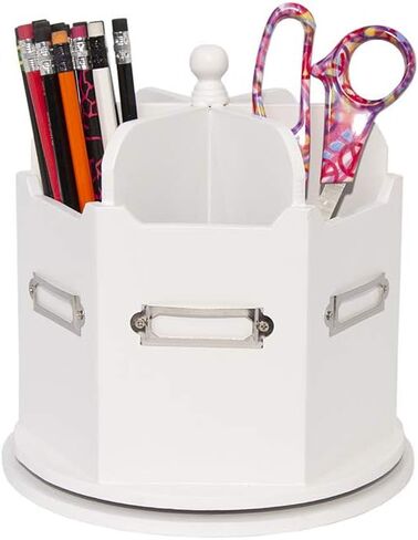 Spinning Desktop Stationary Organizer – Decorative Wooden Rotating Pen and Pencil Cup – Elegant 6 Compartment White Desk and Table Top Office Supplies Station with Labels- by Designstyles in Kuwait