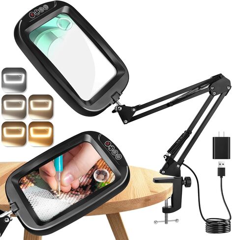 10X 30X Extra Large Magnifying Glass with Light and Clamp, Rectangle Hands Free Magnifier with 5 Color Modes, Adjustable LED Lighted Magnifying Desk Lamp for Reading Close Work Craft Painting (Black) in Kuwait