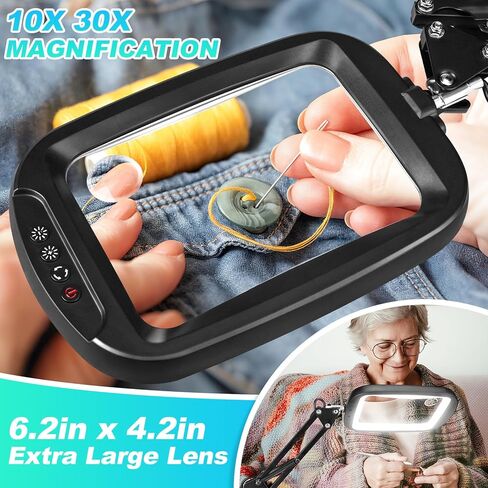10X 30X Extra Large Magnifying Glass with Light and Clamp, Rectangle Hands Free Magnifier with 5 Color Modes, Adjustable LED Lighted Magnifying Desk Lamp for Reading Close Work Craft Painting (Black) in Kuwait