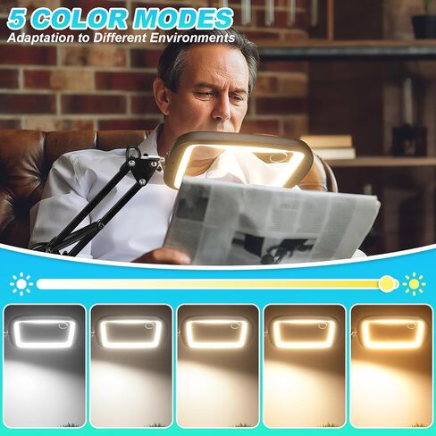 10X 30X Extra Large Magnifying Glass with Light and Clamp, Rectangle Hands Free Magnifier with 5 Color Modes, Adjustable LED Lighted Magnifying Desk Lamp for Reading Close Work Craft Painting (Black) in Kuwait