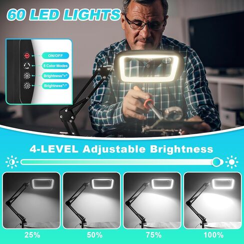 10X 30X Extra Large Magnifying Glass with Light and Clamp, Rectangle Hands Free Magnifier with 5 Color Modes, Adjustable LED Lighted Magnifying Desk Lamp for Reading Close Work Craft Painting (Black) in Kuwait