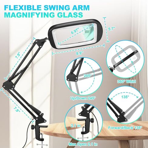 10X 30X Extra Large Magnifying Glass with Light and Clamp, Rectangle Hands Free Magnifier with 5 Color Modes, Adjustable LED Lighted Magnifying Desk Lamp for Reading Close Work Craft Painting (Black) in Kuwait