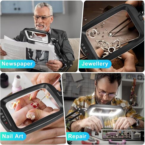 10X 30X Extra Large Magnifying Glass with Light and Clamp, Rectangle Hands Free Magnifier with 5 Color Modes, Adjustable LED Lighted Magnifying Desk Lamp for Reading Close Work Craft Painting (Black) in Kuwait