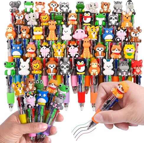 LiYiQ 25 Pcs Animals Multicolor Pen in One Cartoon Cute Fun 4-in-1 Cute Pens Bulk Kawaii Bear Cow Cat Elephant Tiger Lion Rabbit Monkey and Frog Shapes Cool Ballpoint Pens for Fun Gifts in Kuwait