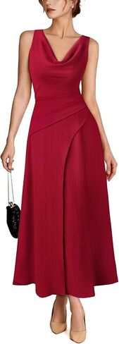 VFSHOW Womens Cocktail Cowl Neck Dress Casual Wedding Guest Sleeveless Belted Long Fit and Flare A Line Dresses with Pocket in Saudi Arabia