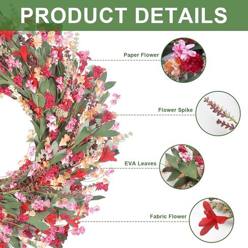 Spring Paper Wreath: 24" Red and Orange Wreaths with Paper and Fabric Flower,EVA Leaves,Flower Spike,All Seasons Wreath for Front Door,Living Room,Wedding Red in Saudi Arabia