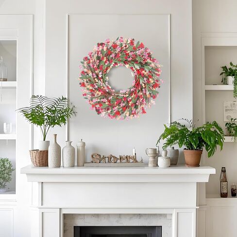 Spring Paper Wreath: 24" Red and Orange Wreaths with Paper and Fabric Flower,EVA Leaves,Flower Spike,All Seasons Wreath for Front Door,Living Room,Wedding Red in Saudi Arabia