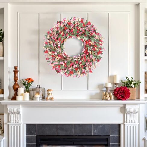 Spring Paper Wreath: 24" Red and Orange Wreaths with Paper and Fabric Flower,EVA Leaves,Flower Spike,All Seasons Wreath for Front Door,Living Room,Wedding Red in Saudi Arabia