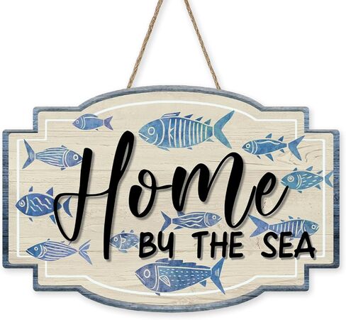 Home by The Sea Front Door Sign, Beach Coastal Sea Fish Wood Hanger Outdoor Outside Porch Home Decor, Nautical Ocean Wooden Wreath Indoor Wall Hanging Decoration in Saudi Arabia