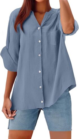 الصيف الكتان قمم للنساء نشمر قصيرة الأكمام بلايز تجريب زر أسفل حجم كبير القطن قميص كتان 3/4 بلوزة in Kuwait