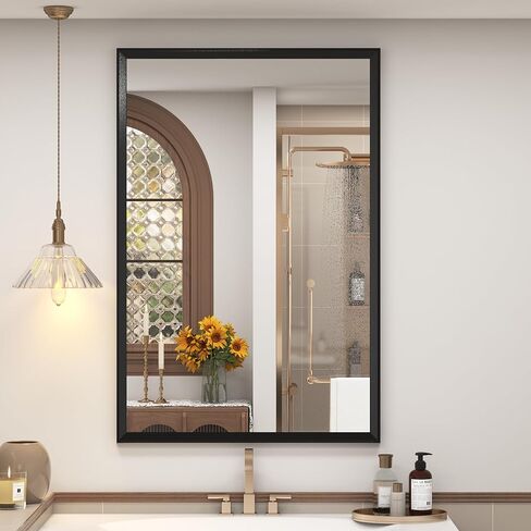 24" x 36" Matte Black Framed Bathroom Mirror for Wall, Rectangular Beveled Vanity Mirror with Aluminum Alloy Frame, Right Angle Corner, HD Reflection, Horizontal or Vertical Mount in Saudi Arabia