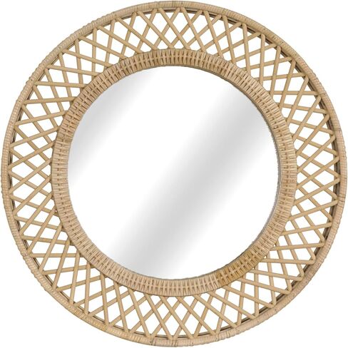 مرآة حائط مستديرة من الروطان - أناقة بوهو مقاس 24 × 24 بوصة مع إطار منسوج، مرآة زخرفية لغرفة المعيشة في مدخل الحمام in Kuwait