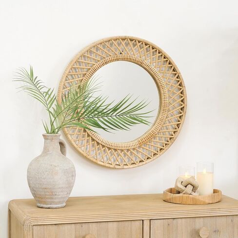 مرآة حائط مستديرة من الروطان - أناقة بوهو مقاس 24 × 24 بوصة مع إطار منسوج، مرآة زخرفية لغرفة المعيشة في مدخل الحمام in Kuwait