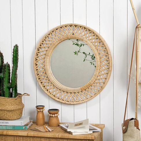 مرآة حائط مستديرة من الروطان - أناقة بوهو مقاس 24 × 24 بوصة مع إطار منسوج، مرآة زخرفية لغرفة المعيشة في مدخل الحمام in Kuwait