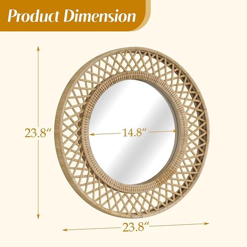 مرآة حائط مستديرة من الروطان - أناقة بوهو مقاس 24 × 24 بوصة مع إطار منسوج، مرآة زخرفية لغرفة المعيشة في مدخل الحمام in Kuwait