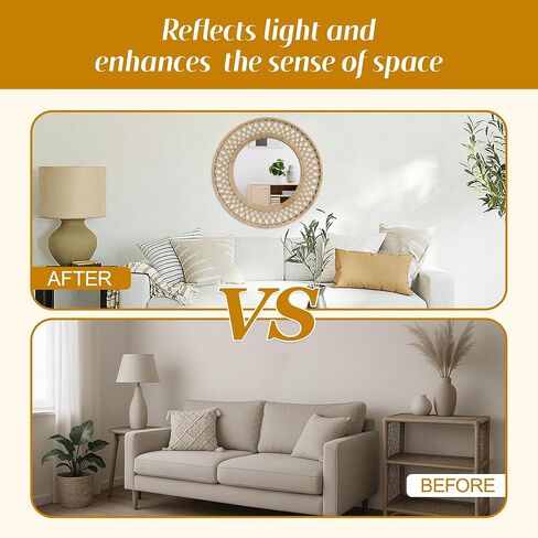 مرآة حائط مستديرة من الروطان - أناقة بوهو مقاس 24 × 24 بوصة مع إطار منسوج، مرآة زخرفية لغرفة المعيشة في مدخل الحمام in Kuwait