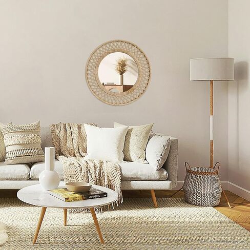 مرآة حائط مستديرة من الروطان - أناقة بوهو مقاس 24 × 24 بوصة مع إطار منسوج، مرآة زخرفية لغرفة المعيشة في مدخل الحمام in Kuwait