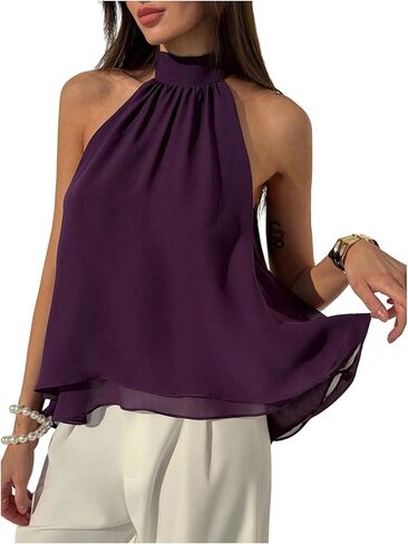 ملابس نسائية صيفية بدون أكمام من الشيفون Y2K بدون أكمام ورقبة وهمية واسعة in Kuwait